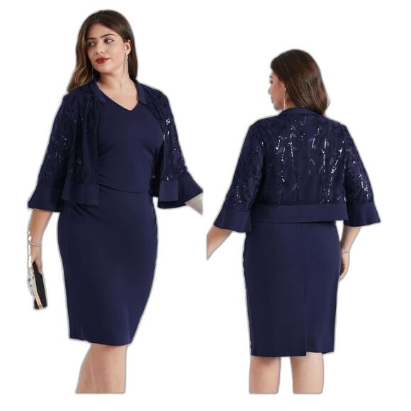 Hannah Nikole Navy Blue Plus 22W Dress with Sparkly Jacket Formal Wedding NEW - Picture 1 of 10